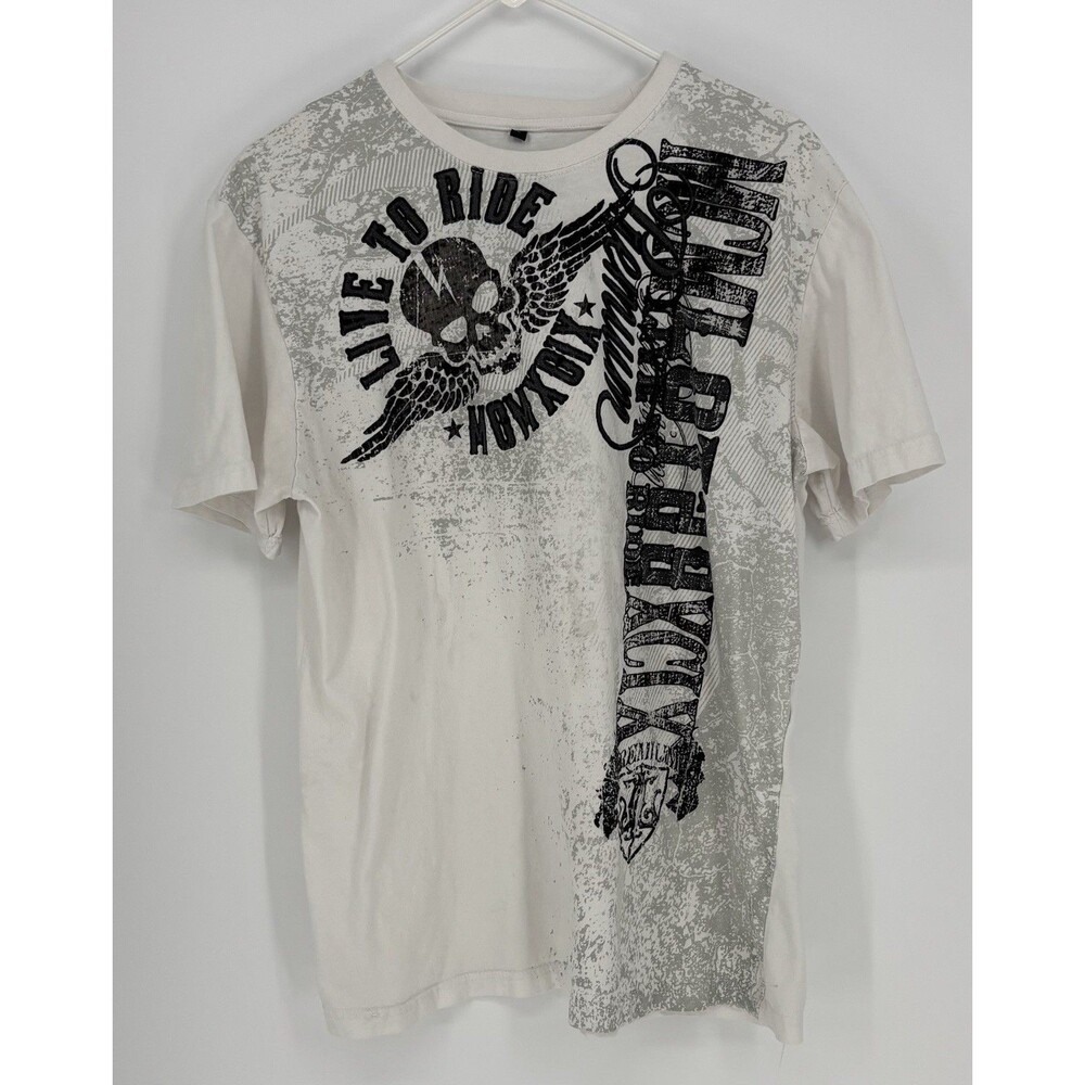 LOT29 Premium Wear Live To Ride Motorcycle Skull Wings Graphic T Shirt Large L